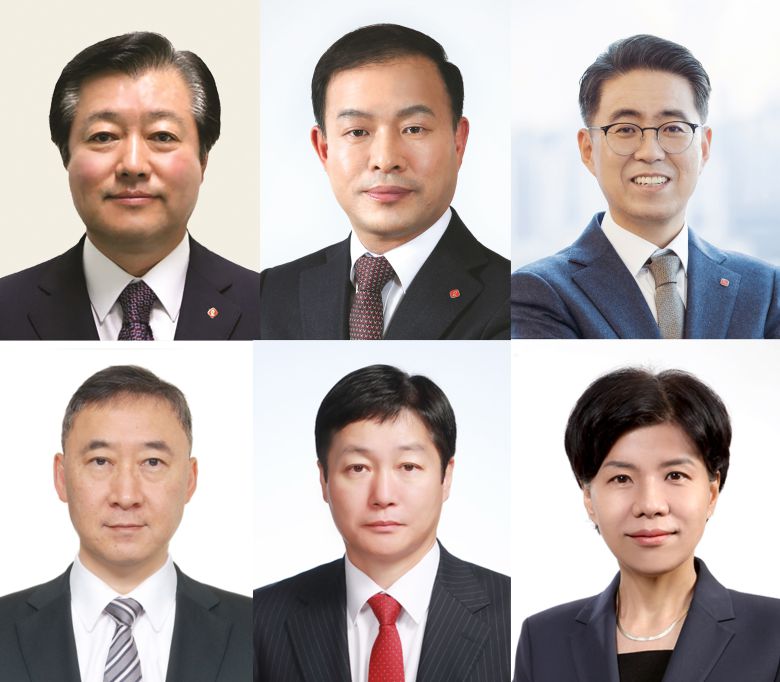 (왼쪽 위부터 시계방향으로) 이영구 롯데 식품군 총괄대표, 이훈기 화학군 총괄대표, 노준형 롯데지주 ESG경영혁신실장, 김소연 롯데에이엠씨 대표, 장재훈 롯데물산 대표, 박익진 롯데쇼핑 e커머스 대표/그래픽=비즈워치