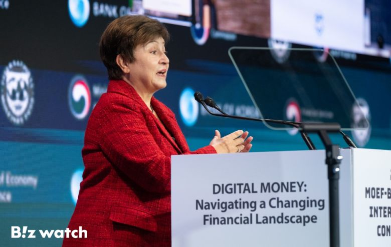 크리스탈리나 게오르기에바 IMF 총재가 14일 서울 종로구 포시즌스호텔에서 열린 정부(기재부·한국은행·금융위원회)와 국제통화기금(IMF)이 공동으로 개최한 국제 콘퍼런스에서 인사말을 하고 있다./사진=이명근 기자 qwe123@