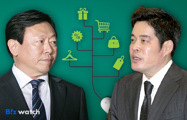 신동빈(왼쪽) 롯데그룹 회장과 정용진(오른쪽) 신세계그룹 회장./그래픽=비즈워치