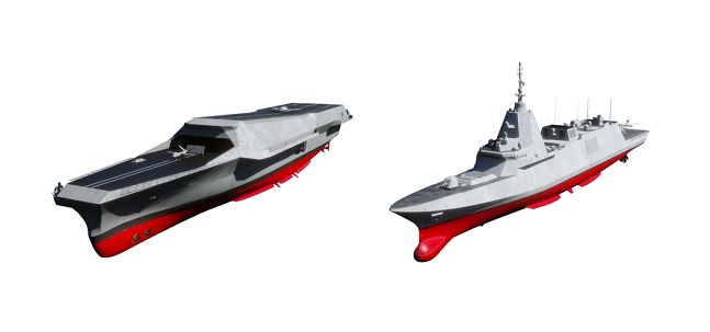 HD현대중공업이 마덱스 2025에 전시하는 미래형 무인전력모함(왼쪽), 6500톤급 수출형 호위함(오른쪽)의 조감도./사진=HD현대중공업 제공