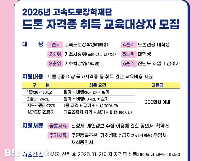 고속도로장학재단 드론 자격증 취득 교육대상자 모집 안내 포스터/자료=한국도로공사 제공