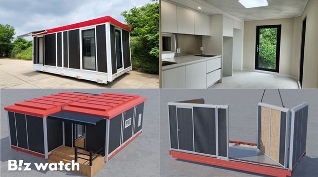 왼쪽부터 폴더블 모듈러, 모듈러 실내, 모듈 결합, 벽체를 펼치는 모습/사진=한국건설기술연구원