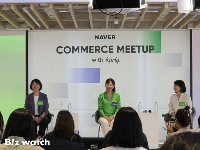 네이버와 컬리가 9일 네이버스퀘어 종로에서 기자 간담회를 열고 커머스 사업 전략을 발표하고 있다.사진 왼쪽부터 이윤숙 네이버 쇼핑사업 부문장, 김슬아 컬리 대표, 정경화 네이버플러스 스토어 프로덕트 리더./사진=김동훈 기자