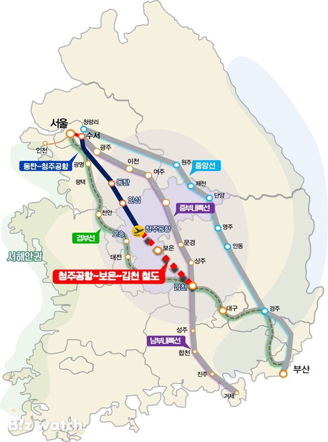 청주공항~보은~김천 철도 노선도./자료=충북도 제공