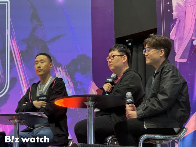 5일 일산 킨텍스에서 열린 AGF 2025에서 열린 '미래시 ON'에 (왼쪽부터) 조순구 컨트롤나인 대표, 한경재 컨트롤나인 IP 팀장, 김형섭 아트디렉터가 참석해 게임에 대해 소개하고 있다./사진=비즈워치