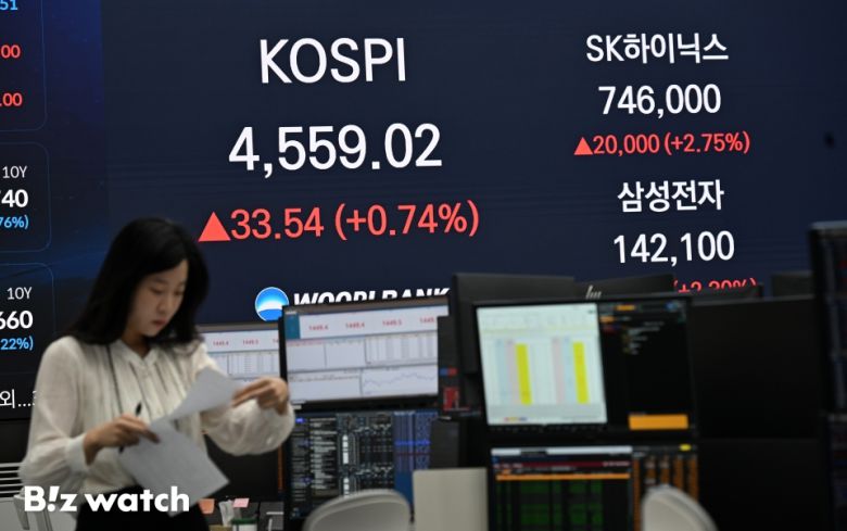 7일 코스피 지수가 전 거래일보다 40.86포인트(0.90%) 오른 4566.34로 출발해 4600와 4610을 잇따라 돌파한 후 4550선을 유지하고 있다. 사진은 우리은행 딜링룸 모습./사진=이명근 기자 qwe123@