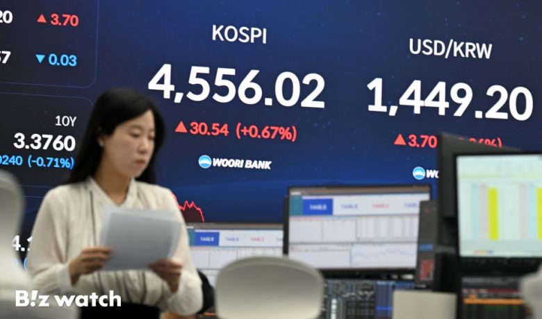 7일 코스피 지수가 전 거래일보다 40.86포인트(0.90%) 오른 4566.34로 출발해 4600와 4610을 잇따라 돌파한 후 4550선을 유지하고 있다. 사진은 우리은행 딜링룸 모습./사진=이명근 기자 qwe123@