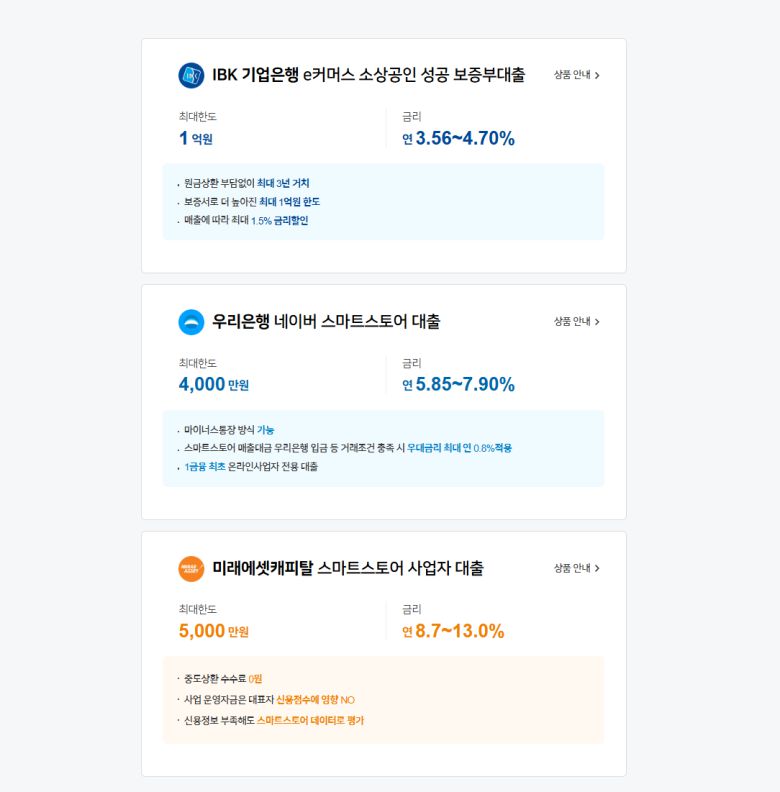 네이버 스마트스토어 대출 화면./사진=네이버파이낸셜 캡쳐