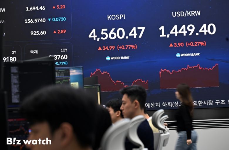 7일 코스피 지수가 전 거래일보다 40.86포인트(0.90%) 오른 4566.34로 출발해 4600와 4610을 잇따라 돌파한 후 4550선을 유지하고 있다. 사진은 우리은행 딜링룸 모습./사진=이명근 기자 qwe123@