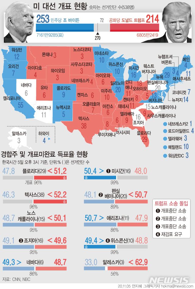[서울=뉴시스]미국 남부 조지아주의 우편투표 개표가 계속되는 가운데 95% 개표 기준, 조 바이든 후보는 49.1%를 득표하며 도널드 트럼프 미국 대통령(49.6%)을 1%포인트 미만 격차로 추격 중이다. (그래픽=안지혜 기자)  hokma@newsis.com