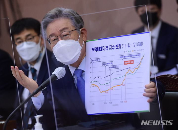 [수원=뉴시스] 국회사진기자단 = 더불어민주당 대선 후보인 이재명 경기지사가 18일 경기도청에서 열린 국회 행정안전위원회의 경기도에 대한 국정감사에서 의원 질의에 답변하고 있다. (공동취재사진) 2021.10.18. photo@newsis.com