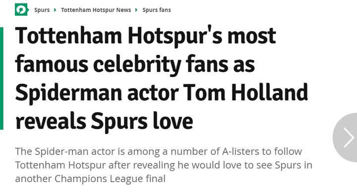 [서울=뉴시스] 영국 매체 풋볼런던이 톰 홀랜드가 토트넘 팬이라는 사실을 보도했다. (캡처=풋볼런던 홈페이지) *재판매 및 DB 금지