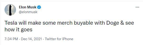 [서울=뉴시스]일론 머스크 테슬라 최고경영자(CEO)가 14일(현지시간) 암호화폐 도지코인으로 테슬라의 일부 상품을 구매할 수 있도록 하겠다고 밝혔다. (사진=머스크 트위터 캡처) 2021.12.14.