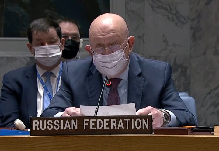 [워싱턴=뉴시스]바실리 네벤자 유엔 주재 러시아 대사가 31일(현지시간) 안전보장이사회 우크라이나 공개 회의 전 투표를 요청하며 발언하고 있다. (사진=유엔TV 캡처) 2022.01.31. *재판매 및 DB 금지