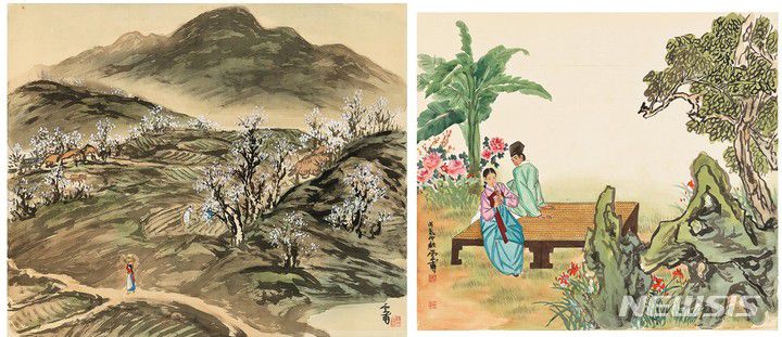 [서울=뉴시스]운보 김기창,춘경산수(春景山水),ink and color on silk, 71×56.1cm, 500만 원~1000만원, 운보 김기창,죽상위의 남녀(男女), ink and color on silk,58×50.7cm, 1976, 1000만 ~2000만 원