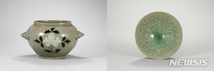 [서울=뉴시스] 사진 왼쪽부터 청자 상감 모란무늬 항아리(고려 12-13세기, 국보, 높이 19.7㎝), 청자 상감 국화 넝쿨무늬 완(고려 12-13세기, 국보, 높이 6.2㎝). (사진=국립중앙박물관 제공) 2022.11.22. photo@newsis.com *재판매 및 DB 금지