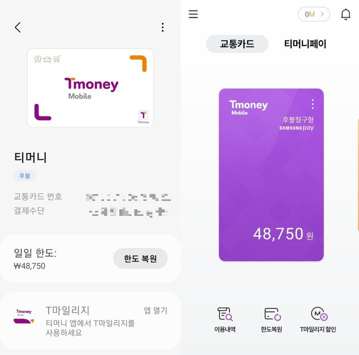 삼성페이(왼쪽)와 모바일티머니의 교통카드 서비스. 두 앱 간 교통카드가 연동돼 모바일티머니에 등록된 교통카드에 '삼성페이(Samung Pay)' 마크가 표시되어 있다. (사진=삼성페이·모바일티머니 캡처) *재판매 및 DB 금지