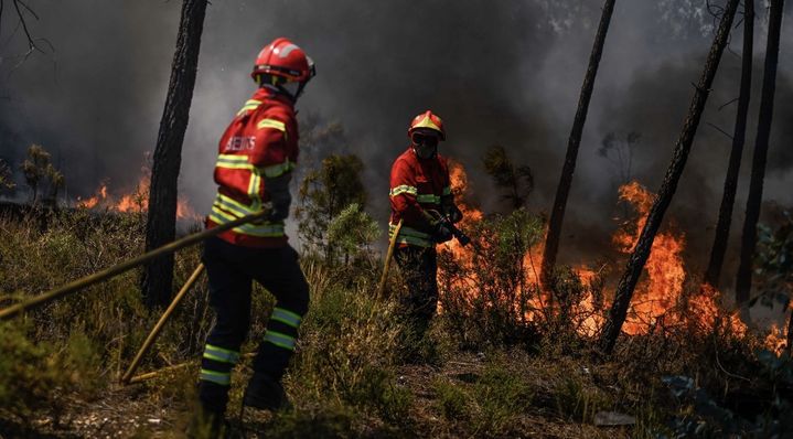 [서울=뉴시스] 포르투갈과 스페인 등 남부 유럽 곳곳이 섭씨 40도가 넘는 폭염에 시달리고 있다고 9일(현지 시간) AFP통신은 보도했다. 사진은 포르투갈에서 발생한 산불을 진압하고 있는 소방관들. (사진=X(엑스) 갈무리) 2023.08.10. *재판매 및 DB 금지