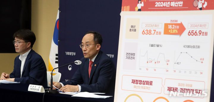 [세종=뉴시스] 강종민 기자 =  추경호 부총리 겸 기획재정부 장관이 지난 24일 세종시 정부세종청사에서 2024년 예산안에 대해 설명하고 있다. 내년 예산안은 올해보다 2.8% 늘어난 656.9조원으로 편성됐다. 왼쪽은 김동일 예산실장. 2023.08.29. ppkjm@newsis.com