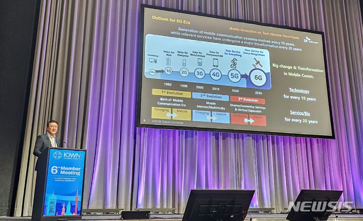 [서울=뉴시스]SK텔레콤은 5~7일 독일 뮌헨에서 열리는 아이온 글로벌 포럼 정기 6차 멤버 회의에 참가해 6G 핵심 요구사항과 진화 방향을 담은 SK텔레콤 6G 백서와 6G 유선망을 대비한 저전력·고용량의 차세대 모바일 프론트홀 기술 실증 결과를 발표했다. 사진은 류탁기 SK텔레콤 인프라 기술담당이 5일 아이온 글로벌 포럼 정기 6차 멤버 회의에서 발표하는 모습. (사진=SK텔레콤 제공)