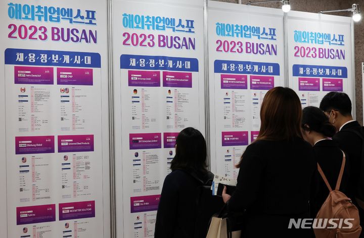 [부산=뉴시스] 하경민 기자 = '해외취업 엑스포 2023 부산'이 열린 지난해 11월2일 오전 부산 연제구 부산시청에서 구직자들이 외국업체 채용정보게시대를 살펴보고 있다. 이번 행사에는 11개국 43개 기업이 참가해 300여 명의 지역 청년을 채용한다는 부산시는 전했다. 2023.11.02. yulnetphoto@newsis.com