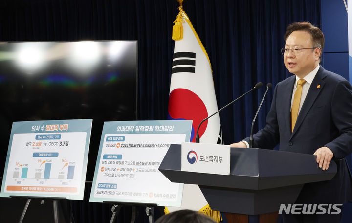 [서울=뉴시스] 김명원 기자 = 조규홍 보건복지부 장관이 6일 서울 종로구 정부서울청사에서 2000명 의과대학 입학정원 확대 방안 발표를 하고 있다.  2024.02.06. kmx1105@newsis.com