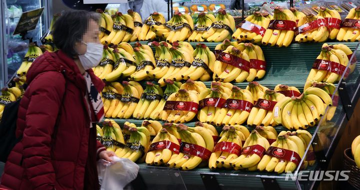 [서울=뉴시스] 최진석 기자 = 서울 한 대형마트에서 고객이 바나나를 고르고 있다. 2024.03.21. myjs@newsis.com