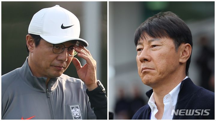 [서울=뉴시스]황선홍 감독(왼쪽)과 신태용 감독.