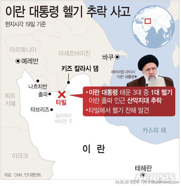 [서울=뉴시스] 19일(현지시각) 에브라힘 라이시 이란 대통령은 동아제르바이잔 주을 방문하고 헬기에 탑승해 돌아오던 중 이란 졸파 인근 산악지대에 추락했다. 해당 헬기에는 라이시 대통령과 호세인 아미르압돌라히안 이란 외무장관 등 총 9명이 탑승했다. (그래픽=전진우 기자) 618tue@newsis.com