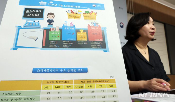 [세종=뉴시스] 강종민 기자 = 공미숙 통계청 경제동향통계심의관이 2일 세종시 정부세종청사에서 2024년 6월 소비자물가동향을 발표하고 있다.  지난달 소비자물가지수는 전년동월대비 2.4% 상승한 것으로 나타났다.2024.07.02. ppkjm@newsis.com