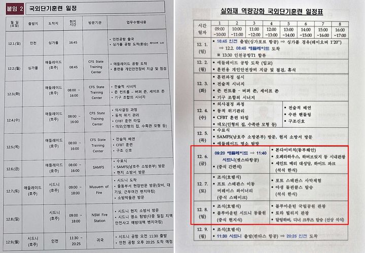 [세종=뉴시스] 송승화 기자 = (왼쪽) 세종시로부터 승인 받은 일정표와 (오른쪽)연수생들이 만들었다고 주장하는 실제 일정표. 2024.12.02. ssong1007@newsis.com *재판매 및 DB 금지