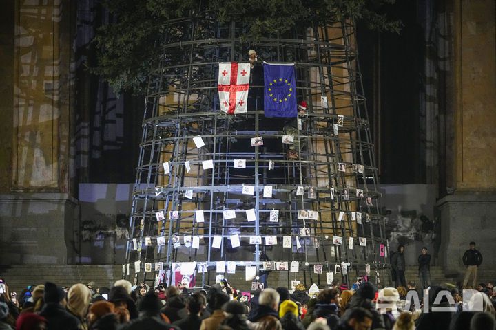 [트빌리시=AP/뉴시스] 2024년 12월 8일 조지아 트빌리시 의사당 앞에서 시위대가 인공 크리스마스트리에 조지아 국기, 유럽연합(EU) 깃발과 경찰 폭행으로 부상한 시위자들의 사진을 붙이고 있다.  2025. 01. 18.