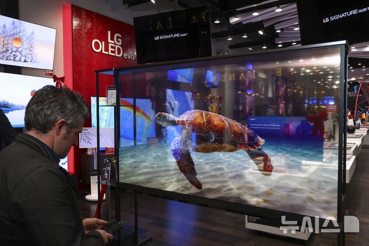 [로스앤젤레스=AP/뉴시스] 18일(현지시각) 미 캘리포니아주 로스앤젤레스의 '비디오 앤 오디오' 센터에서 LG전자가 세계 최초로 출시한 무선·투명 OLED TV 'LG 시그니처 올레드 T'가 공개되고 있다. 이 TV는 간편한 리모컨 조작만으로 스크린 반대편이 비치는 '투명 모드'로 전환할 수 있으며, 무선 AV 전송 솔루션을 통해 공간 개방감을 극대화해 공간 디자인에 새로운 가능성을 제시했다는 평을 받고 있다. 2024.12.19.