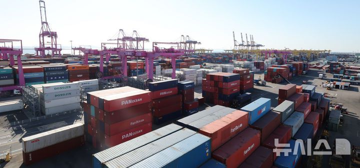 [인천=뉴시스] 전진환 기자 = 사진은 지난달 2일 인천 연수구 인천신항 컨테이너 터미널에 컨테이너가 쌓여 있는 모습.  2025.01.02. amin2@newsis.com