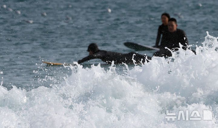 [부산=뉴시스] 하경민 기자 =  전국에 한파가 덮친 6일 부산 해운대구 송정해수욕장을 찾은 서퍼들이 높은 파도를 즐기고 있다. 이날 부산의 아침 최저기온은 영하 5.9도, 낮 최고기온 2.6도를 기록했다. 반면 부산 앞바다 수온은 오륙도 10.5도, 기장군 12.3도로 측정됐다. 2025.02.06. yulnetphoto@newsis.com