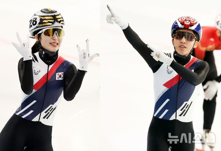 [하얼빈(중국)=뉴시스] 김선웅 기자 = 8일(현지 시간) 중국 하얼빈 헤이룽장 빙상훈련센터에서 열린 2025 하얼빈 동계 아시안게임 쇼트트랙 1500m 결승 남녀 경기에서 각각 금메달을 획득한 김길리(왼쪽)와 박지원이 세리머니를 하고 있다. 2025.02.08. mangusta@newsis.com