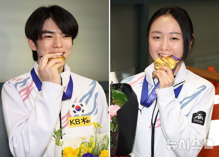 [인천공항=뉴시스] 이영환 기자 = 2025 하얼빈 동계아시안게임 피겨스케이팅 남자 싱글에서 금메달을 획득한 차준환(왼쪽사진)과 여자 싱글에서 금메달을 획득한 김채연이 14일 오후 인천국제공항 제1여객터미널을 통해 귀국해 포즈를 취하고 있다. 2025.02.14. 20hwan@newsis.com