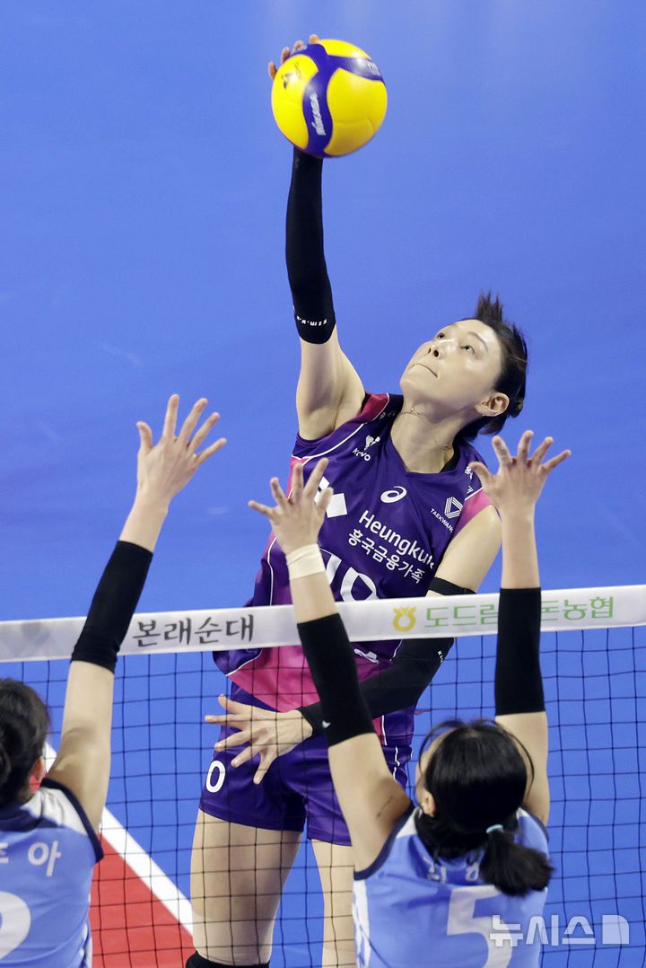 [화성=뉴시스] 최동준 기자 = 16일 경기 화성종합경기타운실내체육관에서 열린 2024-2025 v-리그 여자부 IBK 기업은행 알토스 배구단과 흥국생명 핑크스파이더스의 경기, 흥국생명 김연경이 공격을 시도하고 있다. 2025.02.16. photocdj@newsis.com
