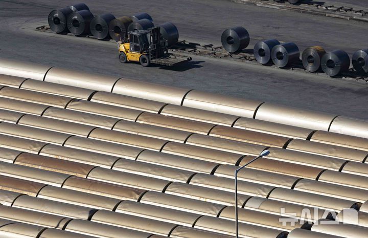 [평택=뉴시스] 김근수 기자 = 도널드 트럼프 미국 대통령이 수입되는 모든 철강과 알루미늄 제품에 관세 25% 부과를 공식 발표한 가운데 17일 경기 평택항에 철강 제품들이 쌓여 있다.  2025.02.17. ks@newsis.com