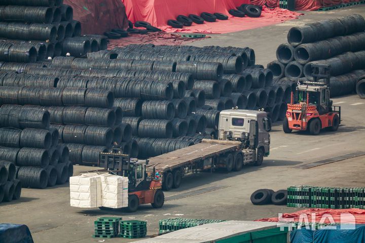 [평택=뉴시스] 정병혁 기자 = 경기 평택시 평택항에 철강 제품들이 쌓여 있다. 2025.03.12. jhope@newsis.com