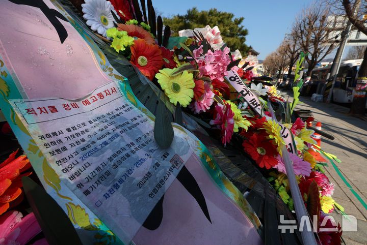 [서울=뉴시스] 이영환 기자 = 윤석열 대통령 탄핵심판 선고가 예상보다 늦어지고 있는 19일 오전 서울 종로구 헌법재판소 앞에 윤 대통령 지지자들이 보낸 화환이 놓여 있다.헌법재판소 사무처장이 지난 달 26일까지 자진 정비를 요청하며 적치물 정비 예고통지서를 부착했지만 화환은 방치되고 있다. 2025.03.19. 20hwan@newsis.com