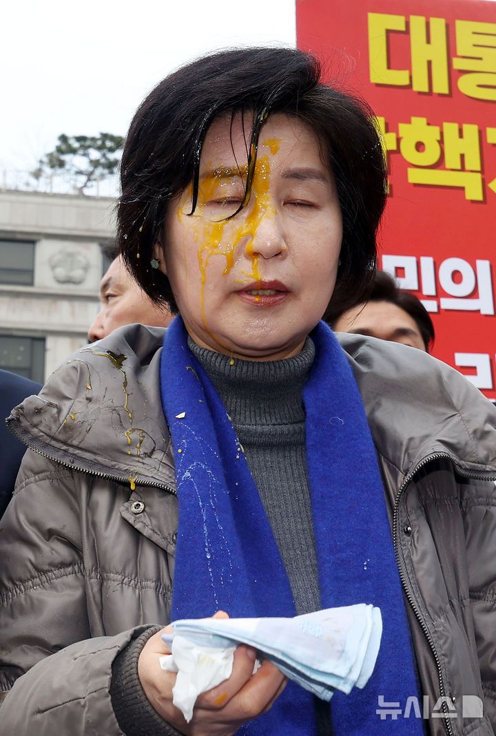 [서울=뉴시스] 홍효식 기자 = 백혜련 더불어민주당 의원이 20일 오전 서울 종로구 헌법재판소 앞에서 열린 내란수괴 윤석열 신속파면 촉구 기자회견 도중 탄핵 반대 시위자가 던진 계란을 맞은 뒤 손수건을 들고 있다. 2025.03.20. yesphoto@newsis.com