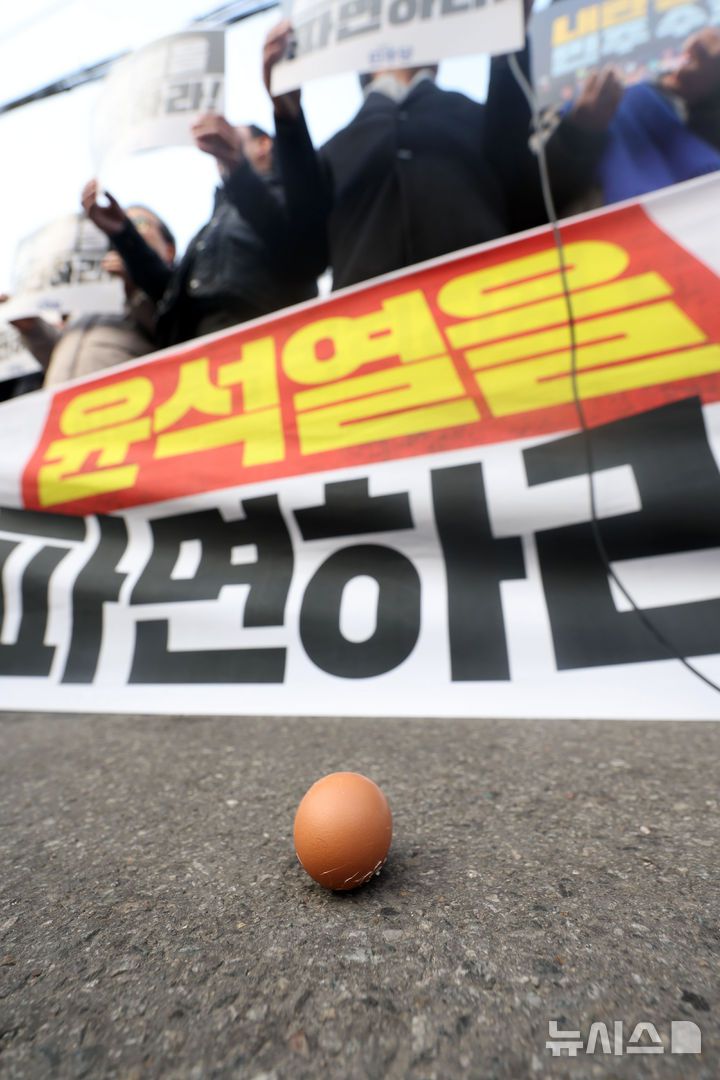 [서울=뉴시스] 홍효식 기자 = 20일 오전 서울 종로구 헌법재판소 앞에서 더불어민주당 원내부대표단의 내란수괴 윤석열 신속파면 촉구 기자회견이 열리고 있는 가운데 탄핵 반대 시위자가 던진 계란이 떨어져 잇다. 2025.03.20. yesphoto@newsis.com