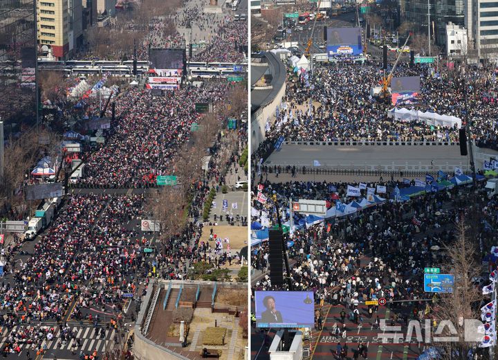 [서울=뉴시스] 이영환 기자 = 22일 오후 서울 중구 세종대로에서 윤석열 대통령 탄핵 반대 집회(왼쪽사진), 종로구 광화문 동십자각 일대에서 윤석열 대통령 탄핵 촉구 집회가 각각 열리고 있다. 2025.03.22. 20hwan@newsis.com