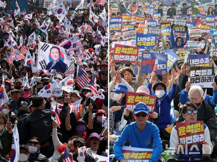 [서울=뉴시스] 이영환 기자 = 22일 오후 서울 중구 세종대로에서 윤석열 대통령 탄핵 반대 집회(왼쪽사진), 종로구 광화문 동십자각 일대에서 윤석열 대통령 탄핵 촉구 집회가 각각 열리고 있다. 2025.03.22. 20hwan@newsis.com