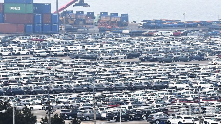 [평택=뉴시스] 김종택 기자 =27일 경기도 평택항 내 자동차 전용부두에 선적을 기다리는 수출용 차량이 세워져 있다. 2025.03.27. jtk@newsis.com