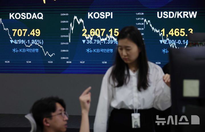 [서울=뉴시스] 조성우 기자 = 27일 오후 서울 여의도 KB국민은행 스마트딜링룸에서 딜러들이 업무를 보고 있다.2025.03.27. xconfind@newsis.com