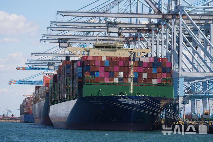 [로스앤젤레스=AP/뉴시스] 도널드 트럼프 미국 대통령이 상호 관세를 발표한 지난 2일(현지 시간) 미국 캘리포니아 로스앤젤레스 항구에서 컨테이너선 이 선적 중인 모습. 2025.04.14.