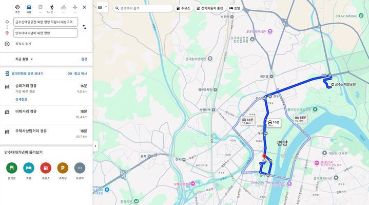 [서울=뉴시스] 구글 지도는 북한 평양 금수산태양궁전에서 만수대대기념비까지의 자동차·도보 경로를 안내할 수 있다. (사진=구글 지도 캡처) *재판매 및 DB 금지