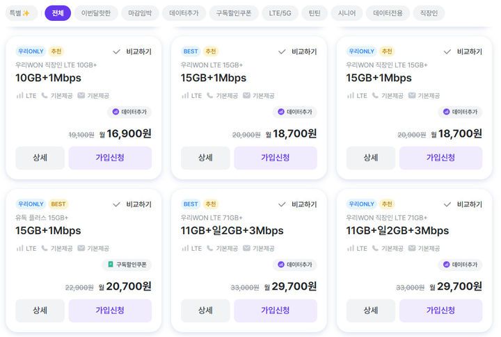 [서울=뉴시스] 우리은행이 알뜰폰 서비스 '우리원모바일'을 시작했다. 요금은 총 34종으로 일반 요금제를 비롯해 청년, 시니어, 태블릿 등으로 구분해 내놨다. (사진=우리은행 홈페이지) *재판매 및 DB 금지